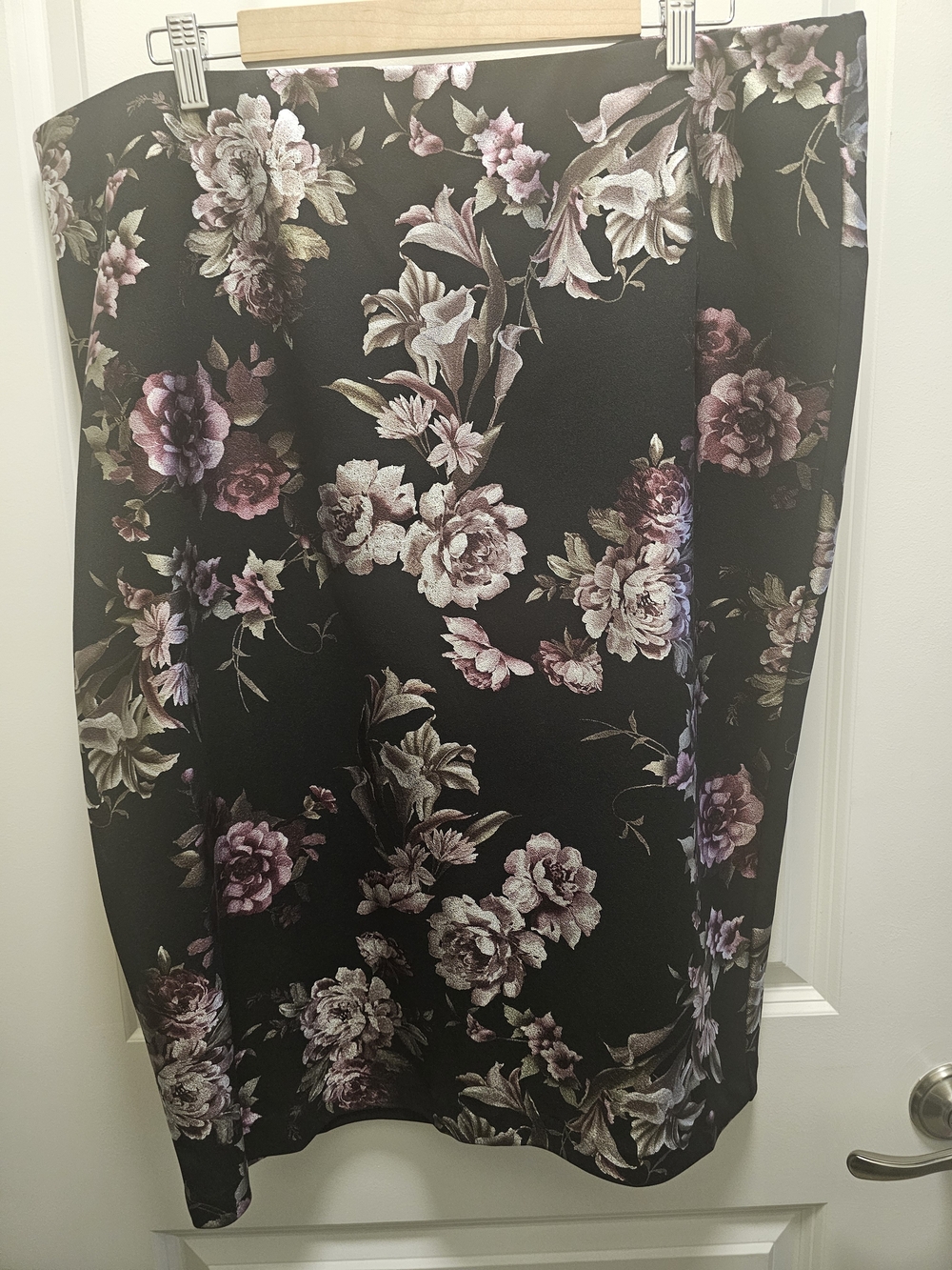 Black Floral Pencil Skirt with Purple & Cream Blooms
